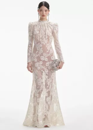 Lulus - Show Stopper Cream Embroidered Sequin Bodycon Midi Dress
