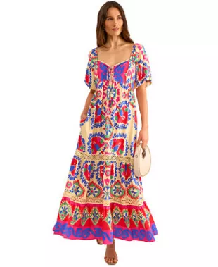 Women's Tiered Puffed-Sleeve Tie Neck Dress