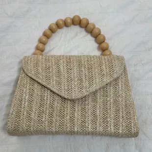 Tan Woven Clutch with Wooden Beaded Handle