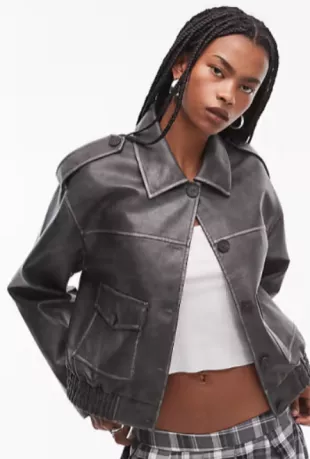 Faux Leather Cropped Button Thru Patch Pocket Bomber Jacket