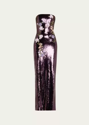Strapless Floral Embroidered Sequin Column Gown