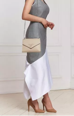 Beige Saffiano Cuir Leather Monochrome Envelope Flap Shoulder Bag