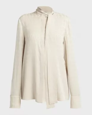 Tonal V-Logo Print Scarf-Neck Silk Blouse