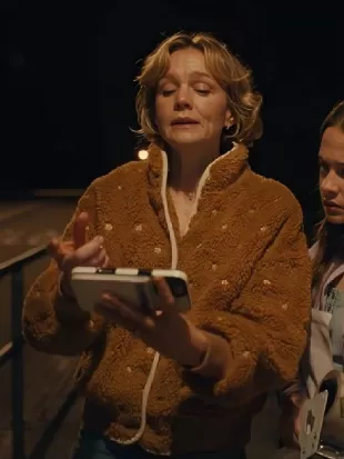 Beef S02 Carey Mulligan Brown Sherpa Floral Jacket