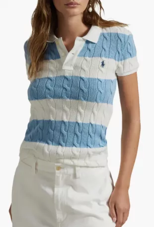 Slim Fit Stripe Cable Short Sleeve Cotton Polo Sweater