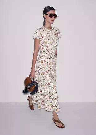 ME + EM - Cream Wild Spring Floral Print Fit + Flare Midi Dress