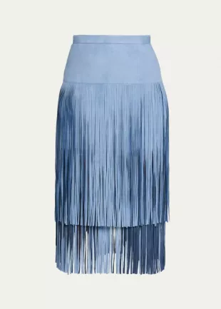 Tiered Fringe Suede Midi Skirt
