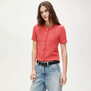 Crochet Short-sleeve Cardigan in Stripe Tropical Ruby