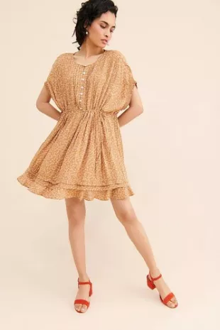 ych flared mini dress Champagne Linen Floral Print Flare Mini Dress