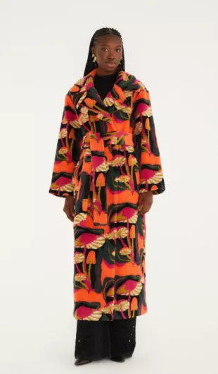 Black Wild Mushrooms Maxi Fleece Coat