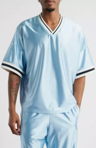 Varsity Satin V Neck T Shirt