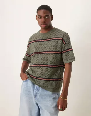 Relaxed Open Knit Striped T-Shirt