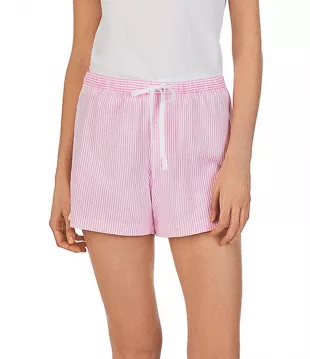 Classic Woven Drawstring Elastic Waist Patch Pocket Logo Embroidered Striped Sleep Shorts