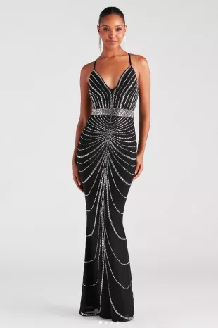 Maisyn Formal Rhinestone V Neck Long Dress