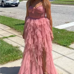 A Line Ruffled Spaghetti Strap Rose Layered Formal