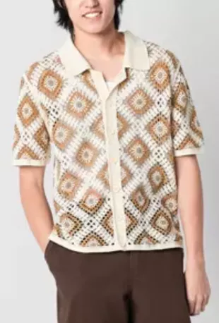 Mens SHort Sleeve Button Down Crochet Shirt