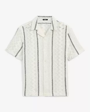 Textured Crochet Striped Short Sleeve Shirt