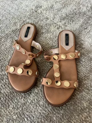 Manette Sandals Brown Slides Goldtone Studded Slip On Shoes