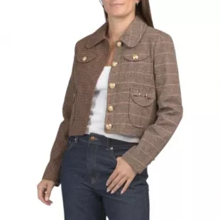 Wool Blend Mixed Pattern Cropped Jacket