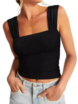 Sexy Square Neck Double Lined Mesh Sheer Ruched Crop Going Out Tops