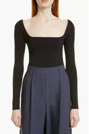 Square Neck Long Sleeve Stretch Cotton Knit Top