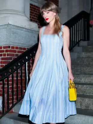 Taylor Swift NYC Pinstripe Blue Midi Dress