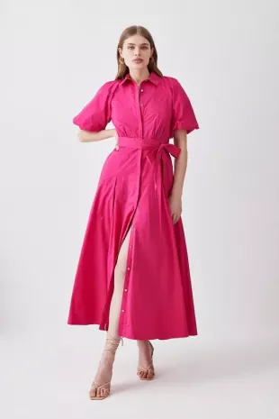 Cotton Poplin Puff Sleeve Woven Shirt Dress