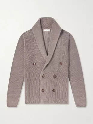 Shawl-Collar Double-Breasted Ribbed Cotton Cardigan