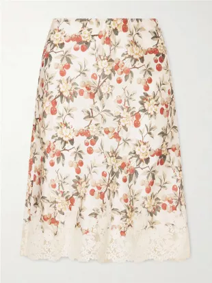 Elowette Floral Lace Hem Silk Skirt