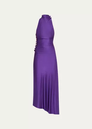 Turtleneck Snap Draped Jersey Midi Dress