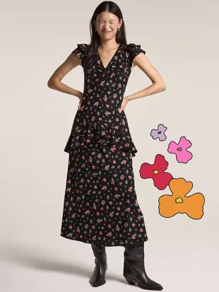 Crepe V-Neck Ruffle Maxi Dress