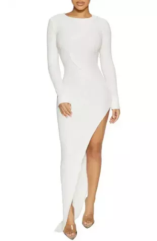 Elastic Lace Asymmetric Long Sleeve Gown