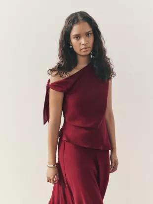 Nothing Ordinary Burgundy Red Check Asymmetric Off The Shoulder Top