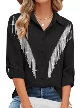 Rhinestone Fringe Sequin Shirt Top