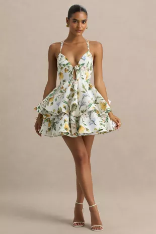 Lemon Floral Print Plunge-Neck Ruffled Skater Micro Mini Dress