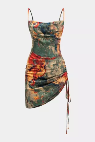 Watercolor Printed Satin Ruched Mini Dress