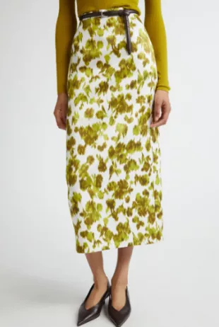 Blurred Floral Print Duchesse Satin Pencil Skirt