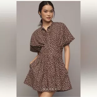 Anthropologie - Brown Polka Dot Cinched Mini Shirt Dress