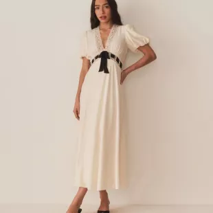 Navy Blue Lace-Trim Puff Sleeve Midi Dress
