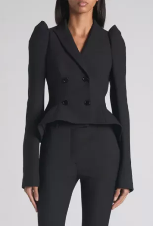 Pleated Puff Shoulder Stretch Wool Crop Jacket