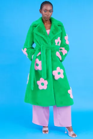 Eco Bamboo Green Faux Fur Coat with Pink Flower Detailing