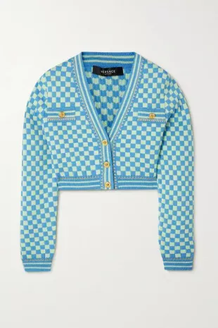 Cropped Checked Wool Blend Jacquard Cardigan
