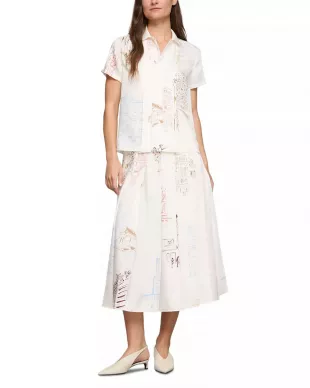 Pleated Manhattan-Print Fluid Twill Midi Skirt