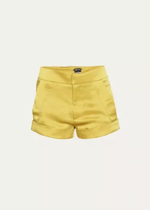 Satin Rolled-Cuff Shorts in Charteuse