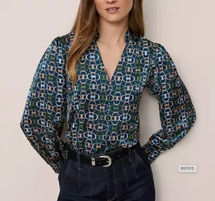 Chain Link Print V-Neck Popover Navy Teal