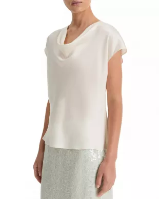 Cowl-Neck Cap-Sleeve Satin Blouse