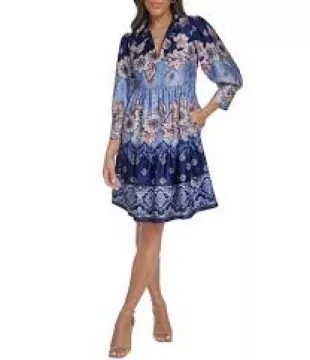 Knit Printed Collared 3/4 Sleeve Tiered Trapeze Dress