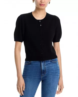 100% Cashmere Short Puff Sleeve Cardigan