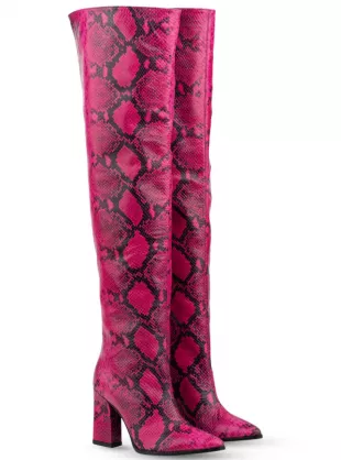 Roma Pink & Black Snake Print Over Knee Boots