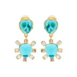 Gold & Aqua Drop Clip Earrings